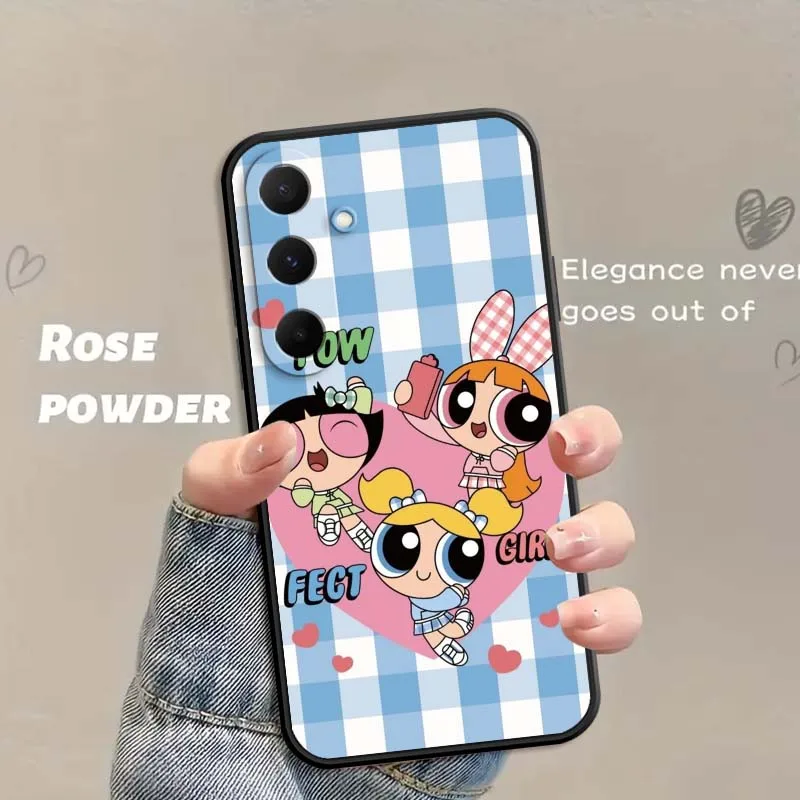 CuteThe P-Powerpuff G-Girls لسامسونج A73 A72 A71 A55 A54 A53 A52 A51 A13 A22 A16 A15 A05s A14 A05 A06 5G حافظة هاتف سوداء