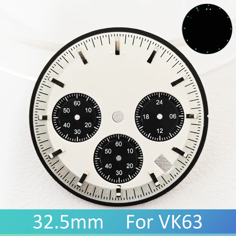 32.5mm pour cadran VK63 C3 vert lumineux de haute qualité avec fenêtre de calendrier adapté au boîtier en verre de cristal minéral accessoire de montre