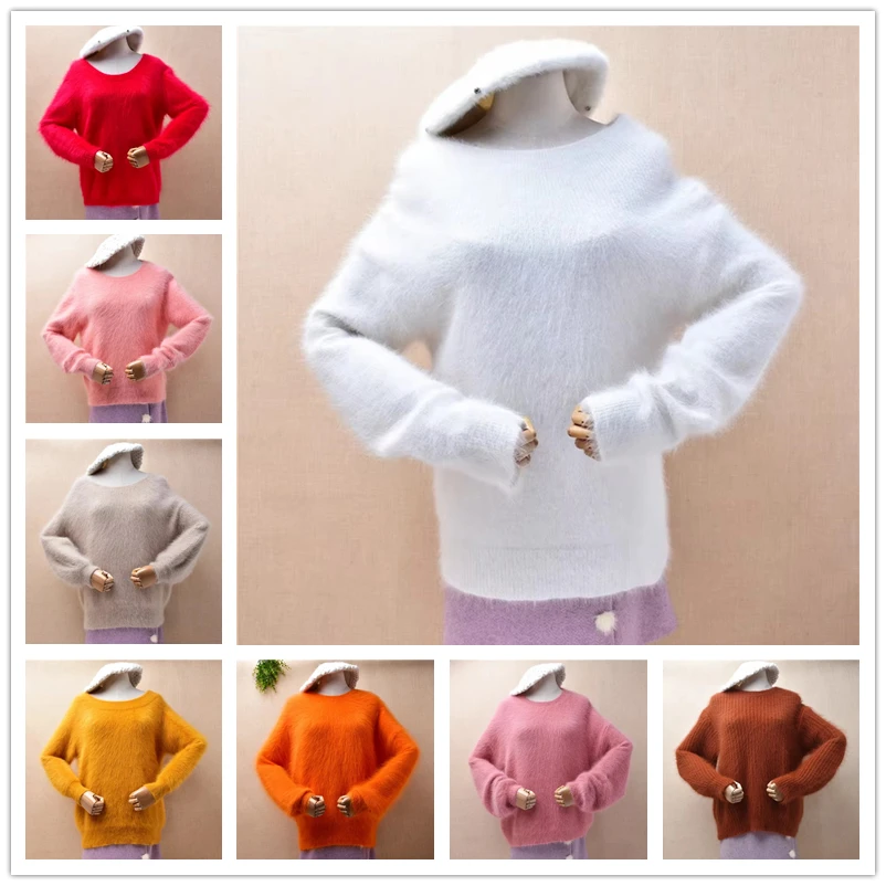 

Женские осенне-зимние белые волосатые норковые кашемировые вязаные блузки с разрезом на шее и длинными рукавами, тонкие блузки, пуловер, свитер, джемпер