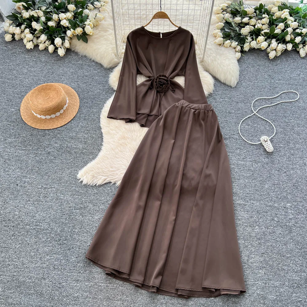 Женские комплекты из двух предметов Юбка Комплект с круглым вырезом и длинными рукавами Топы Длинные юбки A Line Высокая талия Y2k Уличная одежда Элегантная работа Осень