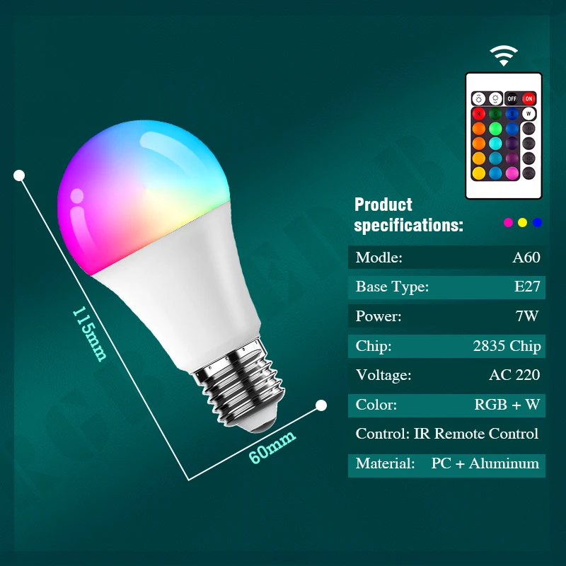 E27 Remote Control Lamp Led RGB Light Dimmable AC220V 7W RGBW Led Lamp Colorful Changing Bulb Led Lampada RGBW White Decor Home
