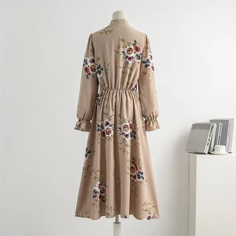 Autumn Spring Chiffon Dress Women Casual Dresses Vestidos Fashion Female Vintage Printed Floral Full Sleeve  A-line Long Dresses