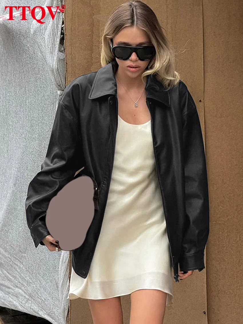 

TTQV Fashion Loose Black Pu Leather Women's Coats 2026 Spring Lapel Long Sleeve Lady Coats Elegant Classic Top Female Clothing