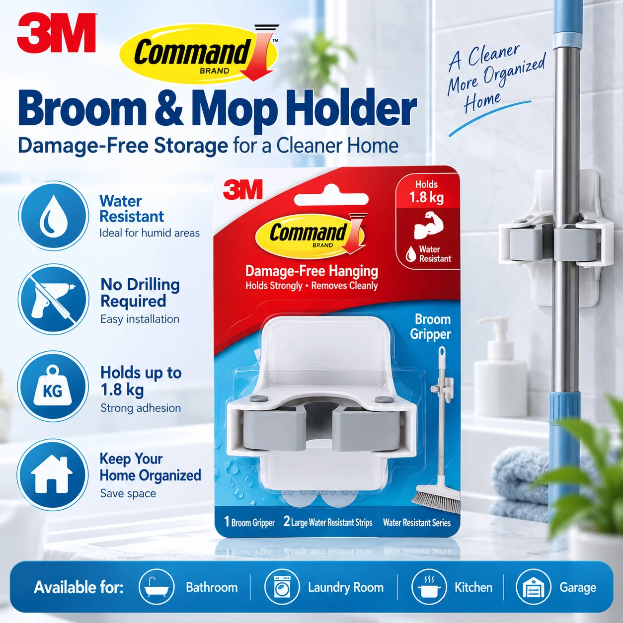 3M Command 17007B Broom Mop Holder Water Resistant No Drill Wall Gripper For Bathroom Laundry Cleaning Tools 1.8kg