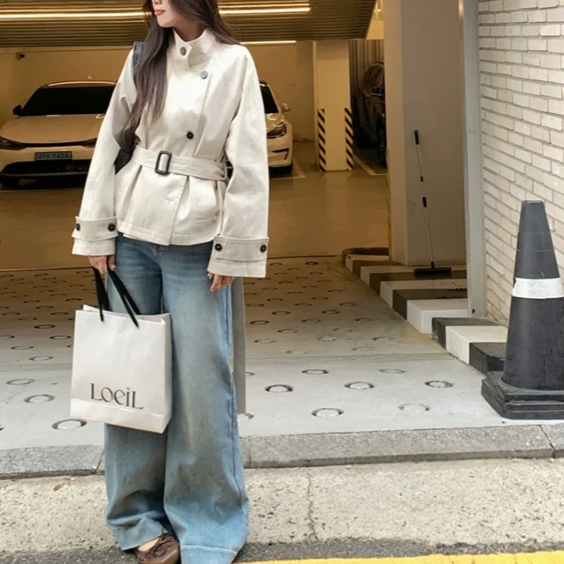 2025 Pre-Autumn Korean Trench Coat Jacket Women's Short British Style Standing Collar Waist