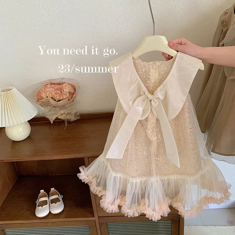 Girls lapel bow dress2024summer newtutuprincess dress Korean mesh sequin formal dress