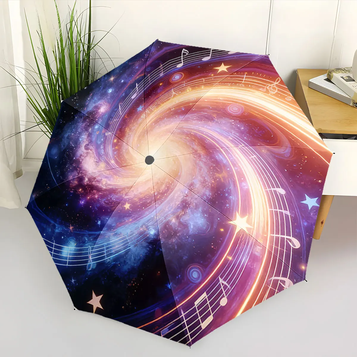 1PC Spiral Symphony: Galactic Music Design Umbrella Print 8 Iron Ribs Folding Umbrella Auto-Open Fashion Sunshade