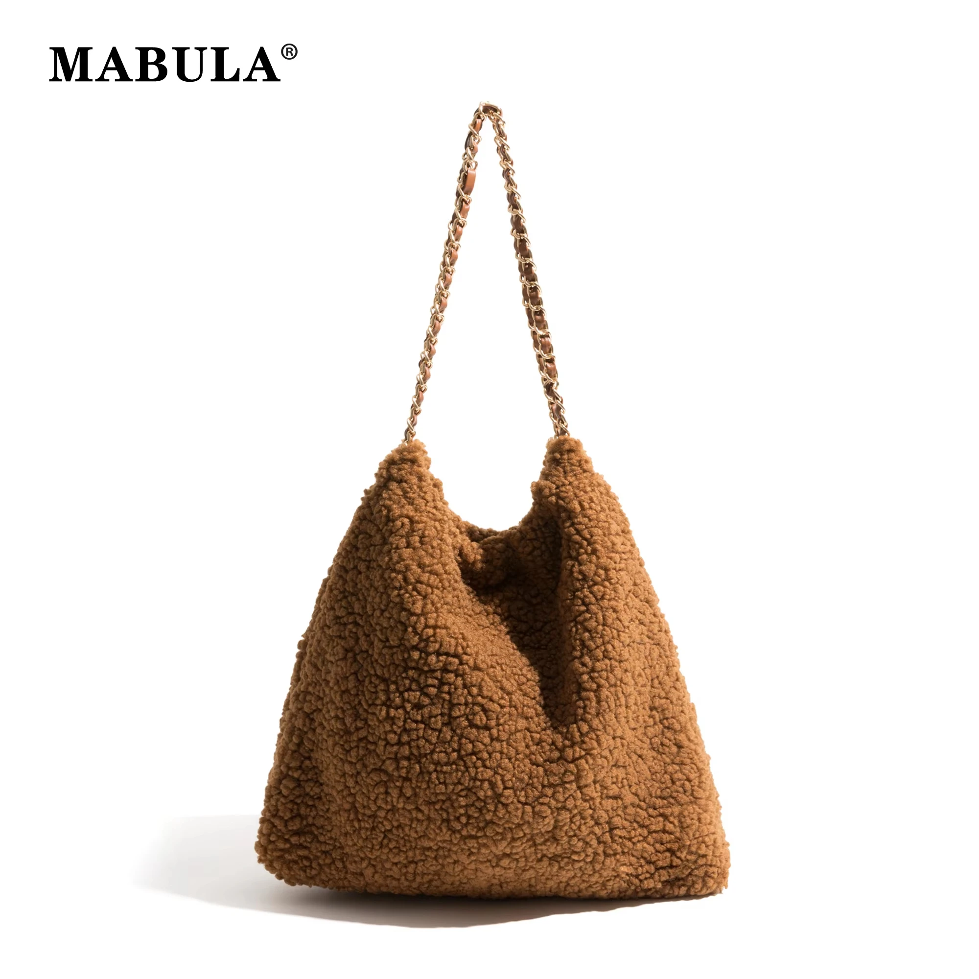 

MABULA Brand Winter Women's Fluffy Faux Fur Tote Handbag Lamb Fabric Plaided Chain 2PCS Set Fashion Ladies Shoulder Phone Purse