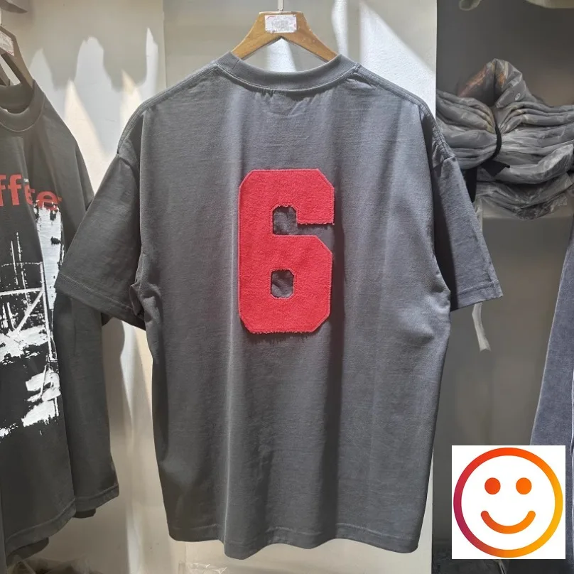 

Embroidery Red 6 Number Patch Pattern T-shirt 2025 Summer Men Women Ear of Wheat Shield Print Retro Washed Loose Cotton T Shirt