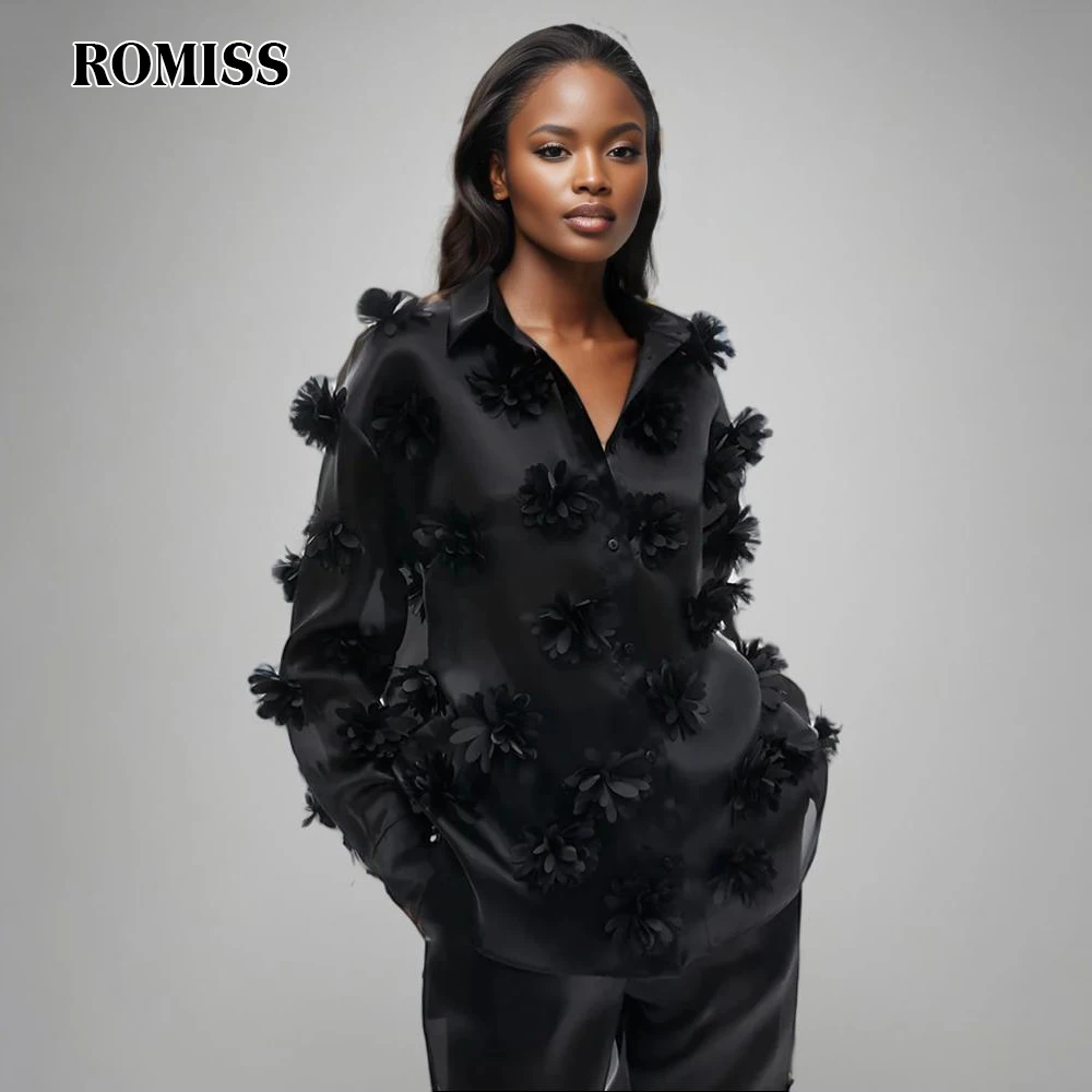 ROMISS Solid Spliced Appliques Blouse For Women Lapel Long Sleeve Patchwork Single Breasted Loose Casual Shirts Female New