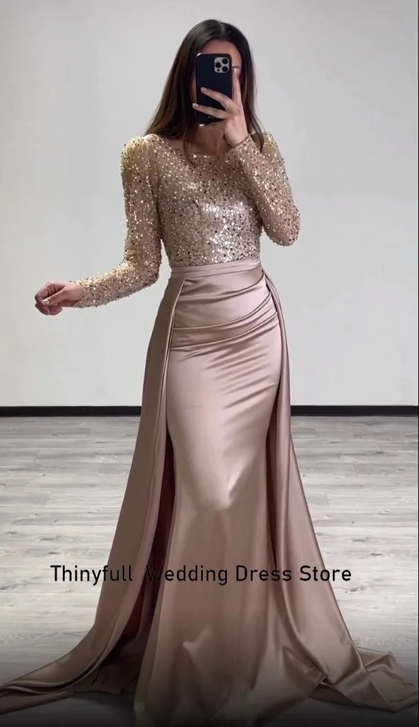 Thinyfull Mermaid Evening Party Dresses O-neck Long Sleeves Sequin Elegant Prom Dress Satin Formal Occasion Gown Robe De Soirée