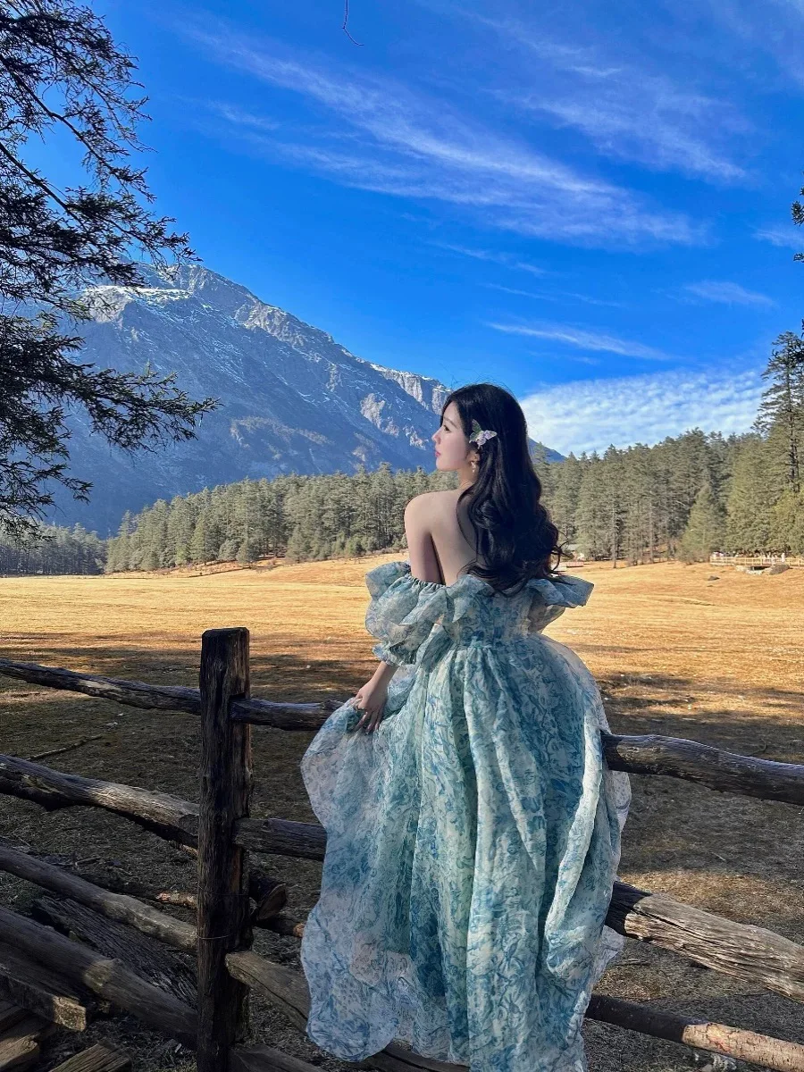 Vestido largo Retro de princesa Palacio para mujer, vestido largo con mangas abullonadas y cuello cuadrado con volantes y estampado de tinta azul, vestido de baile, vestido de fiesta de hadas para niña Mori