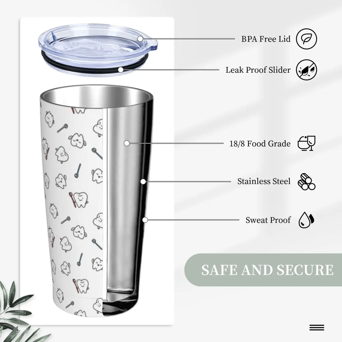 Teeth Cute Tooth Art Dentist Pattern Tumbler Vacuum Insulated Thermal Cup Stainless Steel Double Wall Mugs Spill Proof, 20oz