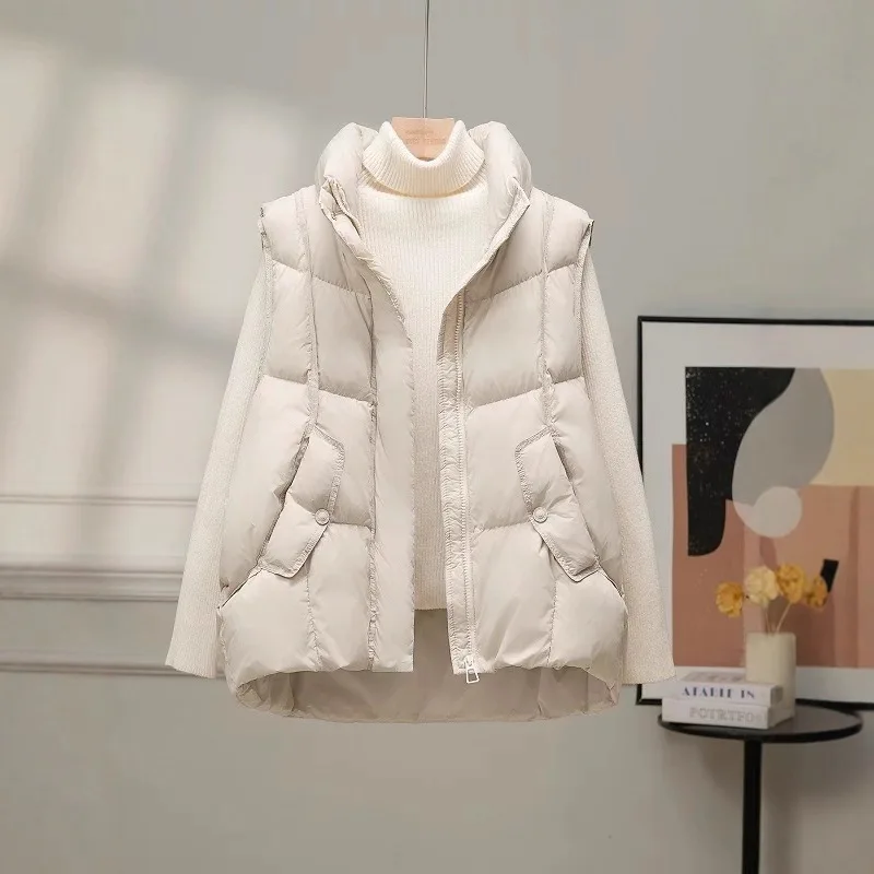 

Autumn/Winter New White Duck Down Vest Women's Fashion Stand-up Collar Bodywarm Sleeveless Jacket Arc-shaped Jumper Jacket