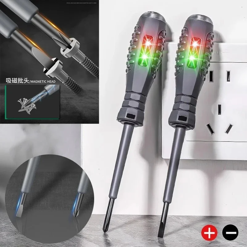 Electrician Test Word/cross Screwdrivers AC Non-contact Induction Test Pen Voltage Tester 12-250V Red Green Induction Lights