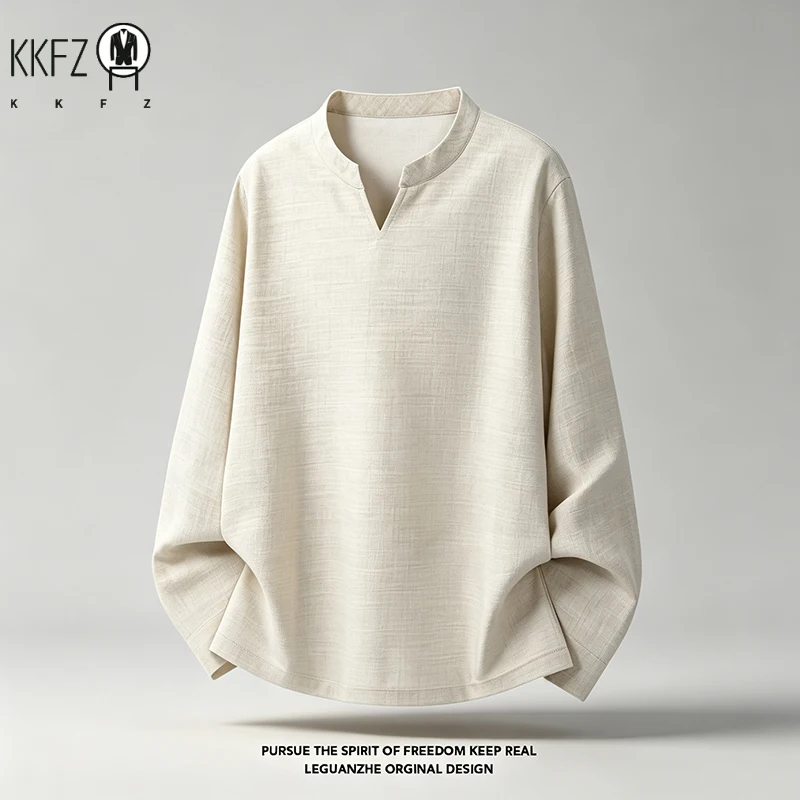 Mens Casual Loose Long Sleeve Top Mandarin Stand Collar V Notch Neck Linen Woven Breathable Fabric Wear