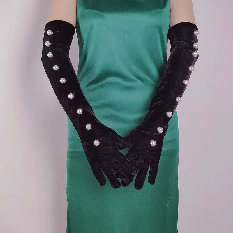 Spring Autumn Women Full Finger Elasticity Warm Cycling Driving Glove Sexy Pearl Gold Velvet Bride Wedding Dress Mitten H61
