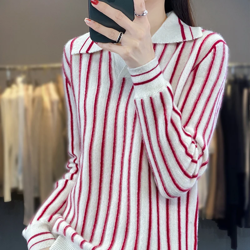 100% Merino Wool Sweater Women\'s Pullover Autumn Winter Most Trend Women\'s Clothing Fashion Classic Striped Knit POLO Neck Top