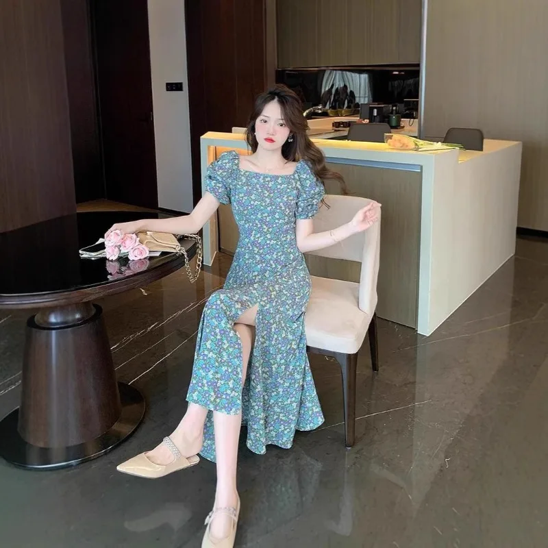 Abito Lungo Estivo da Donna Stile Socialite Xiaoxiangfeng con Spacco in Vita, Linea ad A, Scollo Quadrato Francese, Maniche a Palloncino e Motivo Floreale