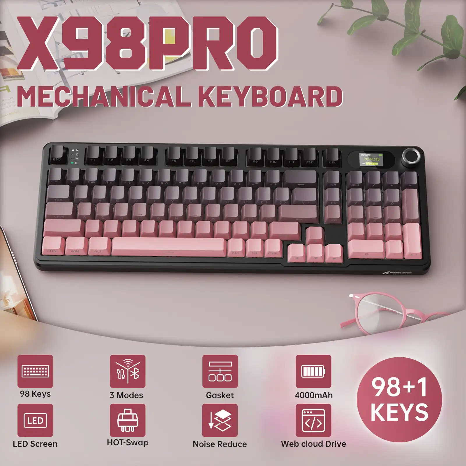 

Attack Shark X98 Pro Mechanical Keyboard 3-Mode Wireless (BT/2.4G) Gasket Mount Hot-Swap RGB & TFT Screen | 4000mAh 80% Layout
