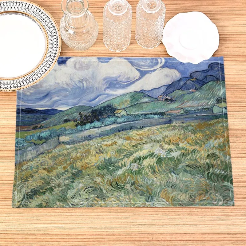 Van Gogh Painting Print Linen Dining Table Mats Kitchen Placemat 30X40cm Coasters Pads Bowl Cup Mat