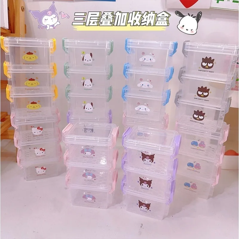 

Sanrio Kawaii Hello Kitty Transparent Three-layer Stacked Storage Box My Melody Kuromi Anime Cartoon Desktop Organization Boxes