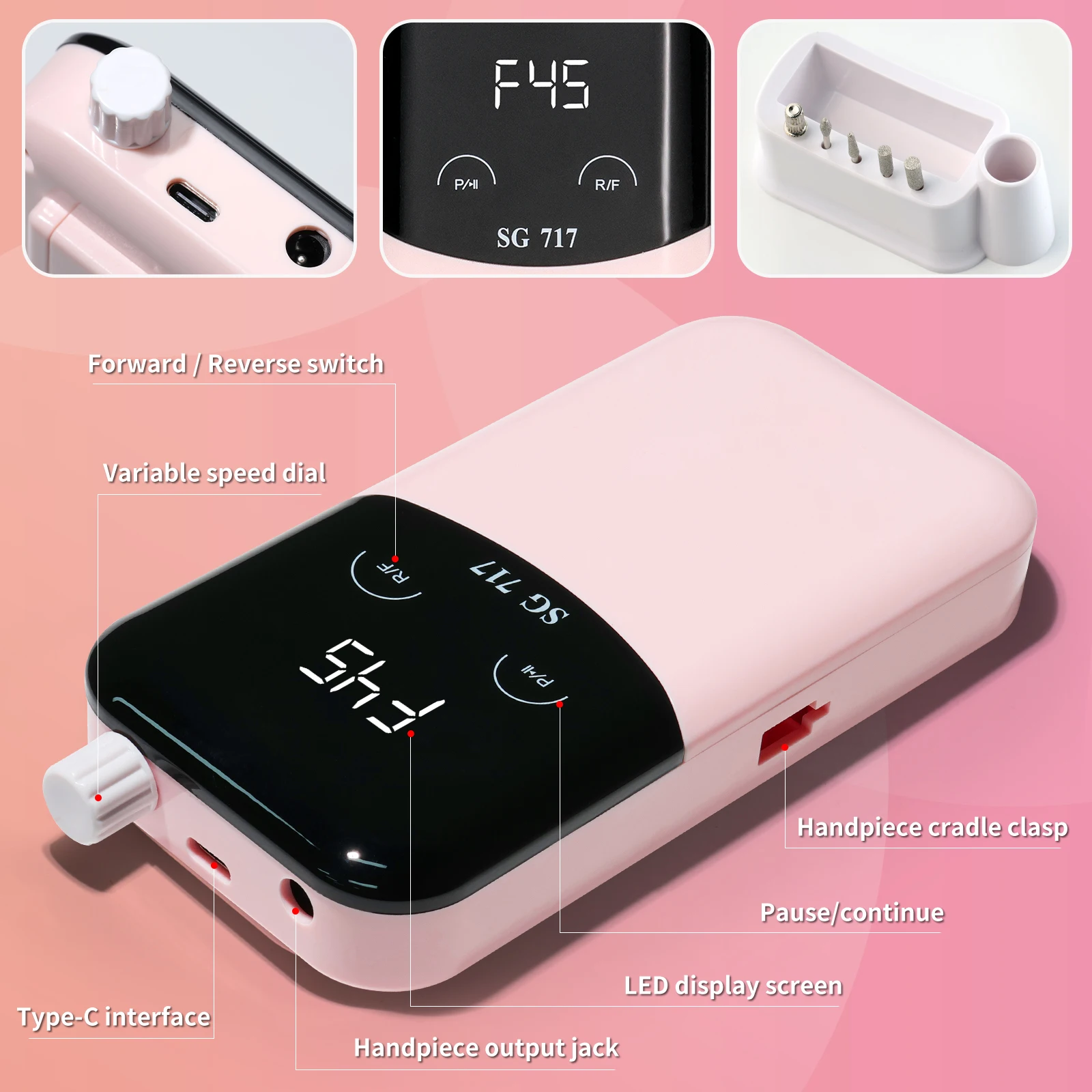 45000RPM Professional เจาะเล็บไฟฟ้าชาร์จเล็บขัดเล็บแปรงทําความสะอาดเล็บ Art Salon เครื่องมือ