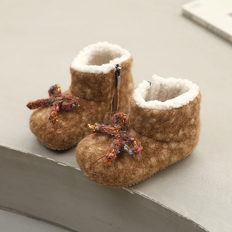 Children Winter Cotton Boots New Fashion Girls Warm Short Boots Sweet Bowknot Princess Soft Furry Causal Kids Ankle Plush Boots