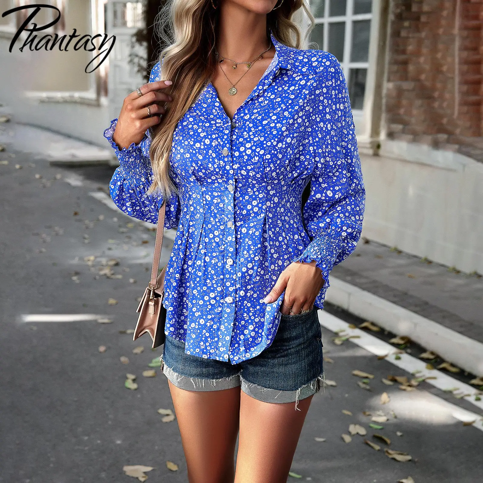 Phantasy Plant Floral Print Shirts for Women Polo Neck Slim Top Fashion Office Lady Wear Autumn Long Sleeve Blouses Clothing