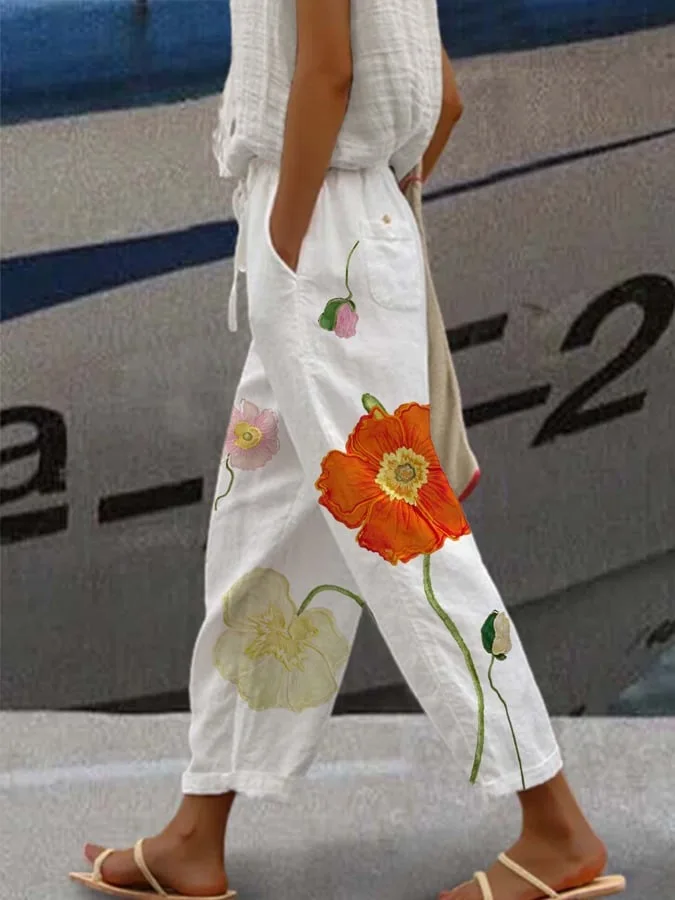 2025 Summer Women's New Drawstring Trousers Printed Elastic Waist Pants Boho Lace Trousers Set Women's Office Commuter Trousers