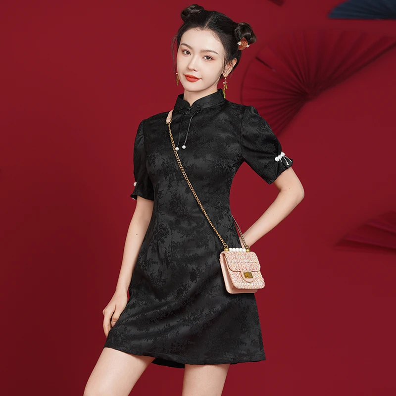

Women's Modern Cheongsam Dress 2025 Black Jacquard Short Sleeve Qipao Elegant Loose Fit Summer Daily Wear Oriental Style