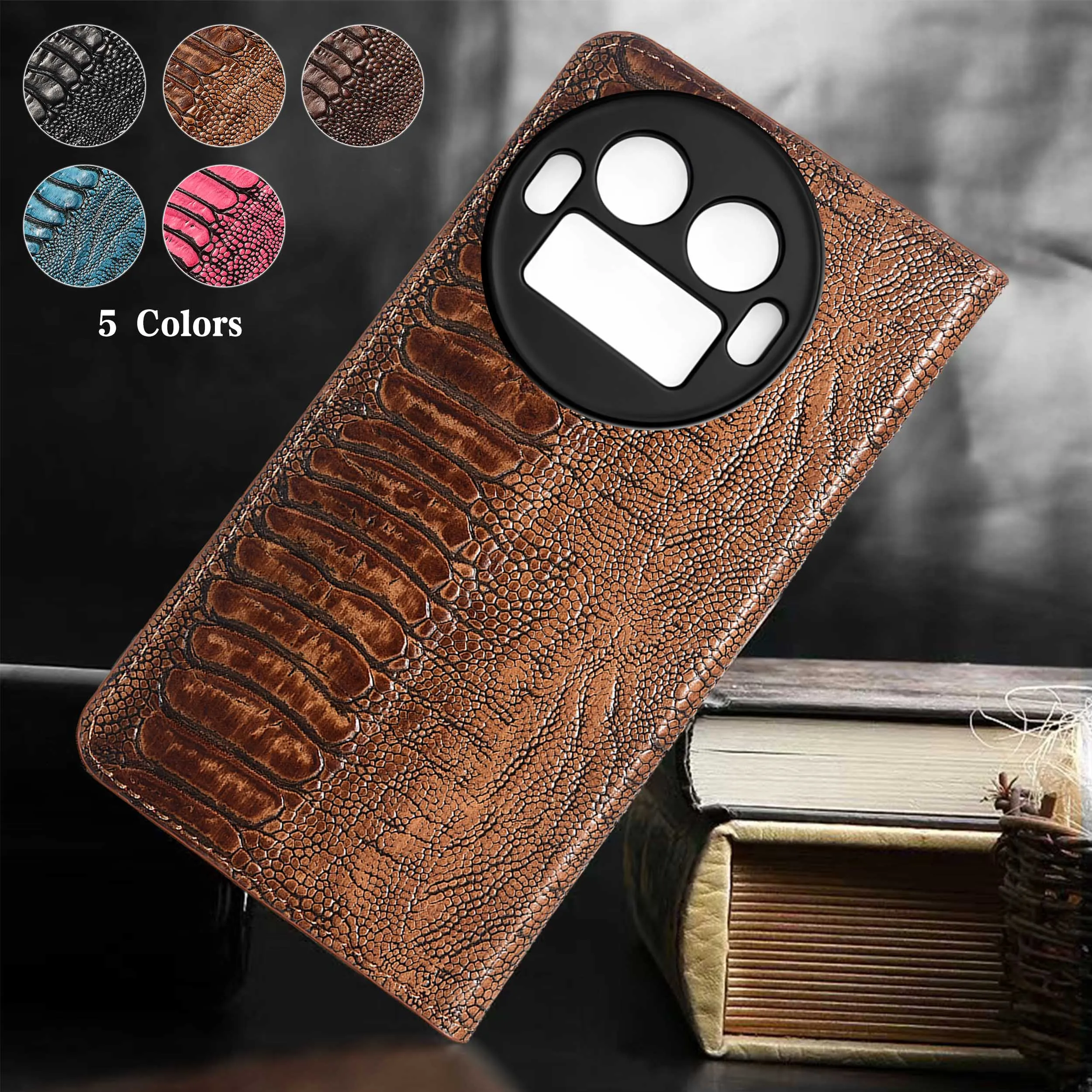 

Genuine Leather Phone Case For Realme GT 2 3 5 6 6T 7 7T 8 Pro Explorer Master Ostrich Feet Pattern Of Flip Cover Case Cowhide