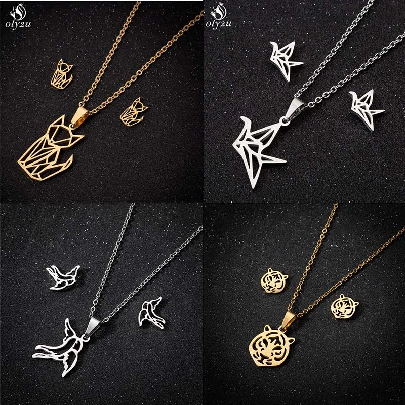 Origami Stainless Steel Crane Bird Fox Tiger Charm Necklace Earring Set for Women Fashion Animal Necklaces Accessories