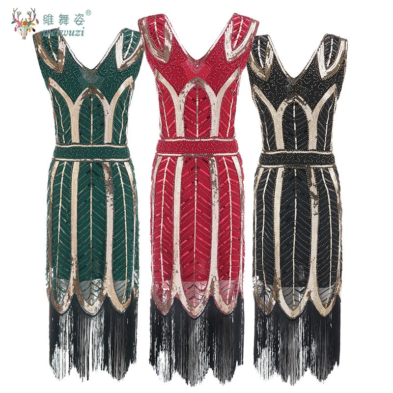 Винтажное платье-хлопушка 1920-х годов, вечернее платье для выпускного вечера в стиле «Великий Гэтсби», новое женское элегантное черное платье с пайетками и бисером, вечернее платье с кисточками