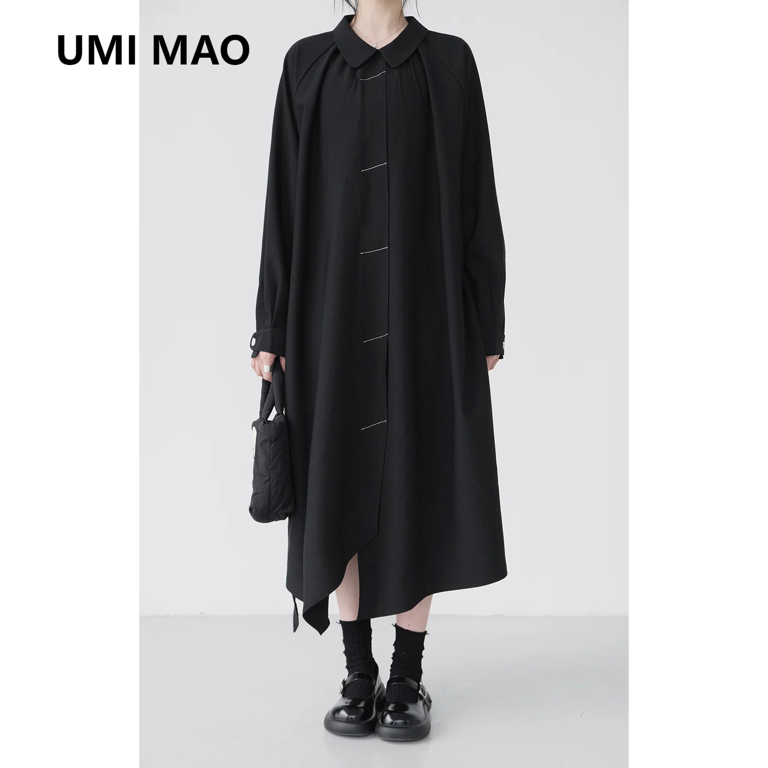 UMI MAO Dark Design Doll Neck Contrast Panel Dress Elegant With Irregular Hem Shows Thin Black Long Dresses Femme Y2K