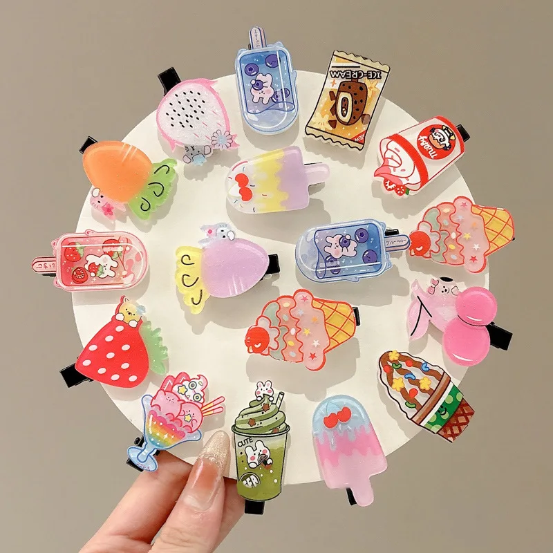 10pcs/set Candy Color Hair Clips Cute Cartoon Ice-cream Fruit Designs Barrettes Summer Dopamine Hairpins Kid's Lovly Headwear
