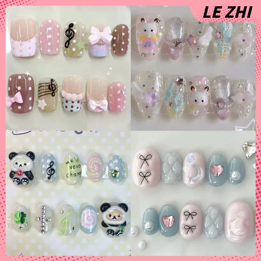 

Kawaii Animals Rabbit Panda Handmade Short Wearable Nail Party Stickers Shining Star Diamond Bowknot Musical Notes Press On Nail