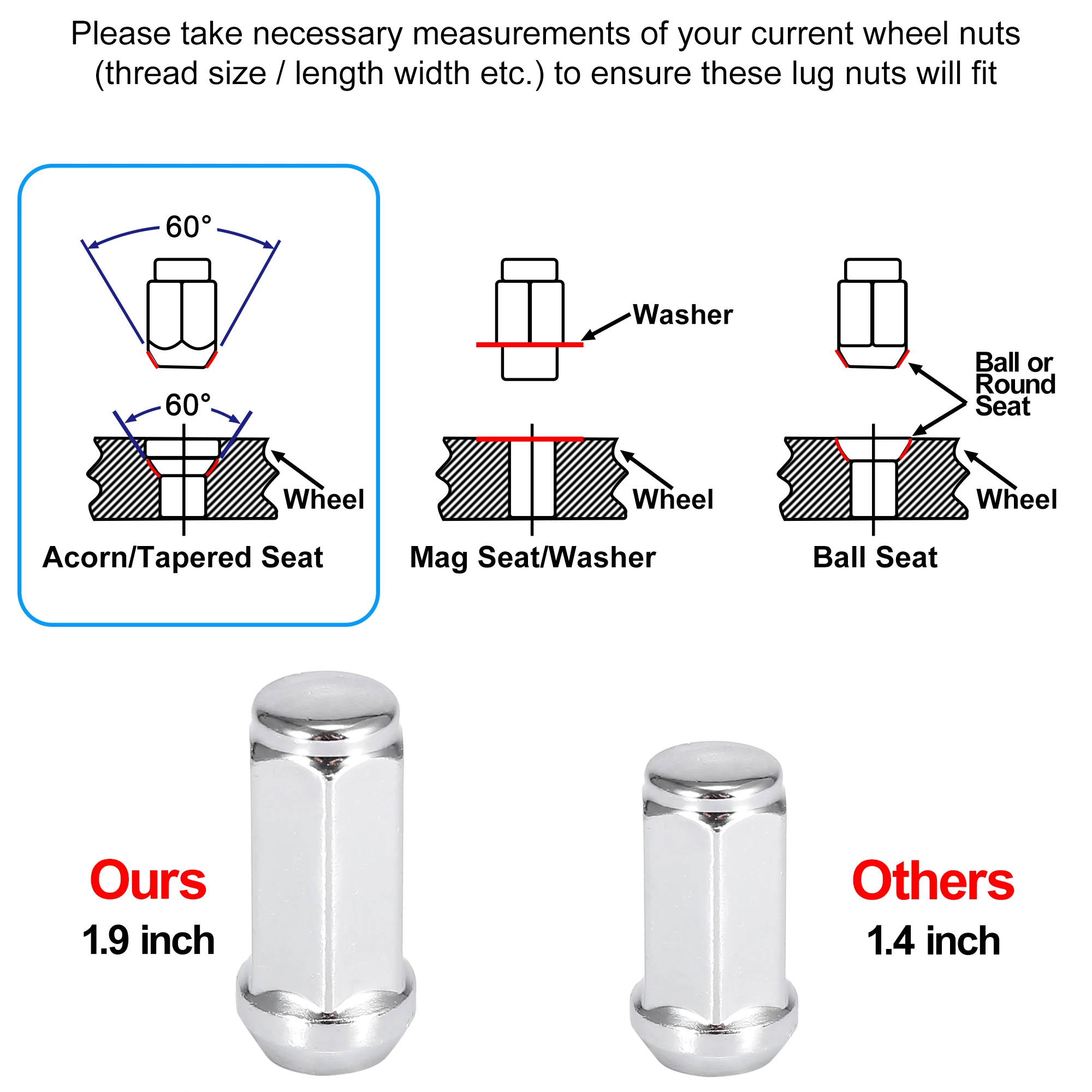 UXCELL 4pcs Car Wheel Lug Nuts M12x1.25 Wheel Lugnuts Bulge Acorn Cone Seat Closed End 1.9inch Long 3/4\