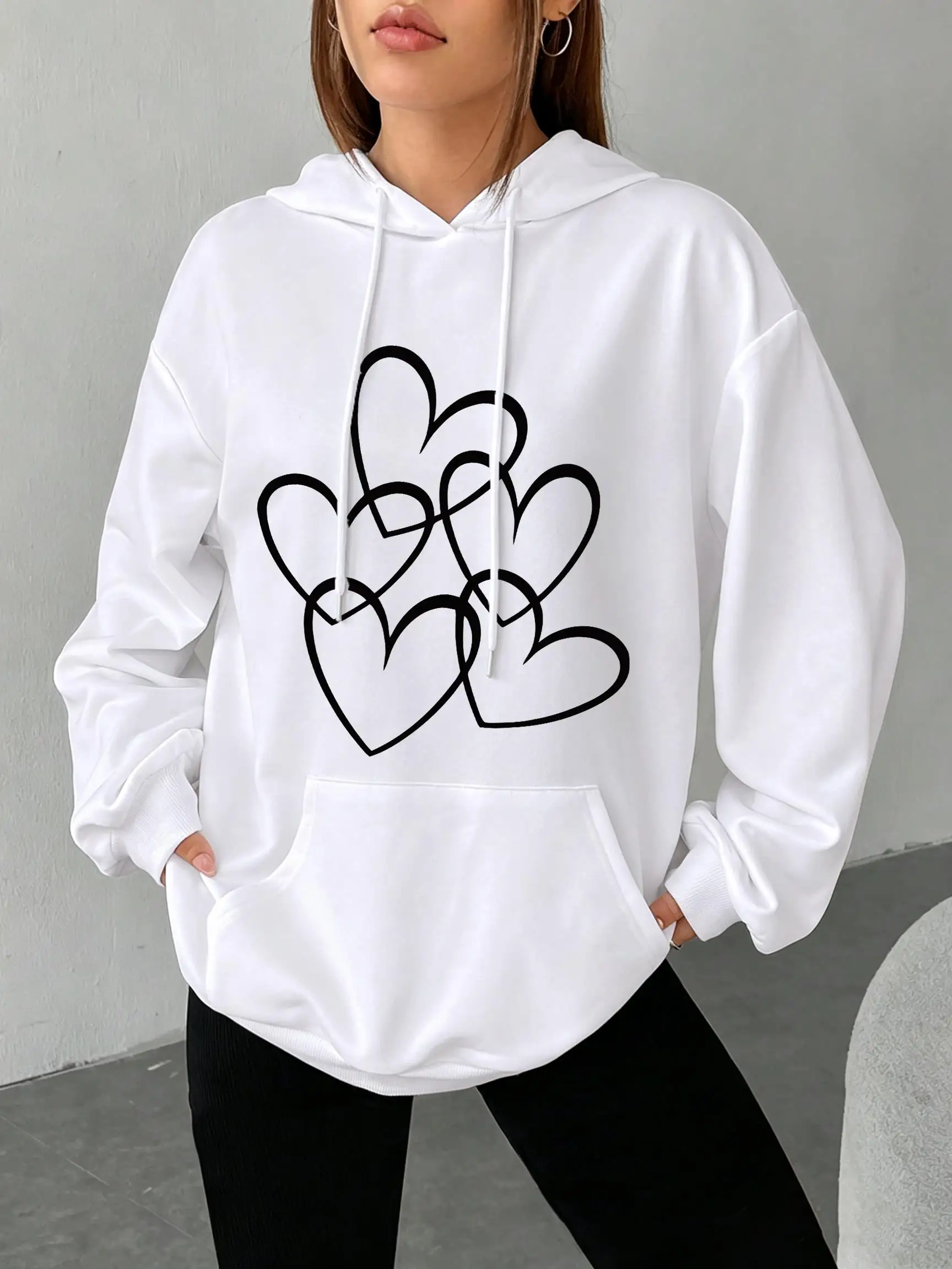 Creative Love Pattern Printing Women Hoodies All-Match Autumn Streetwear Comfortable Loose Hoody Fleece Pocket Woman Pullover