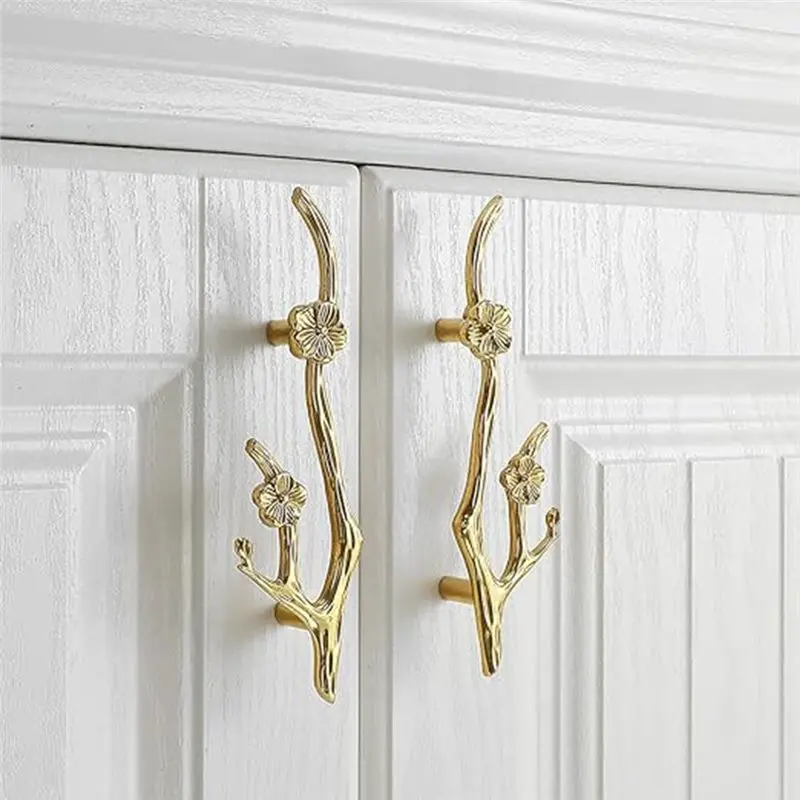 [HOT!A34R】 Branch Shape Drawer Pulls Brass European Kitchen Cabinet Handles Retro Gold Flower Door Handle Decorate Furniture