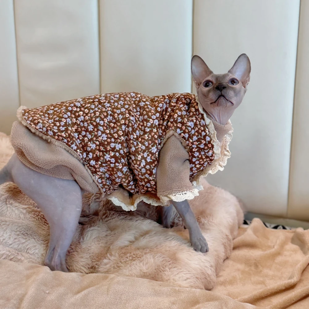 Small floral Khaki Cotton Jacket Coat Suit for Sphynx Cat in Winter thick warm Sweater for Kittens Soft Lace Coat for Female Cat