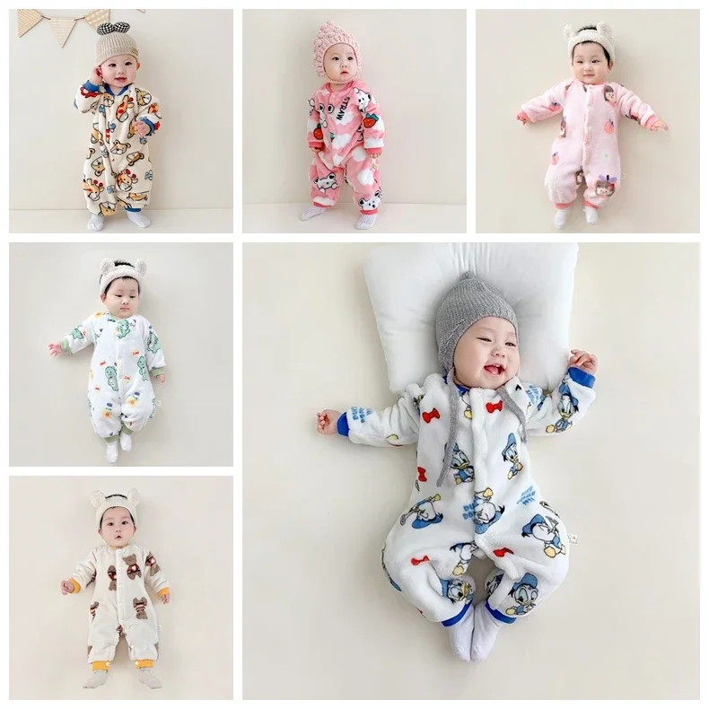 Autumn Winter Newborn Baby Boy Girl Rompers Cartoon Donald Bear Print Kids Keep Warm Flannel Pajamas Infant Jumpsuit Clothes