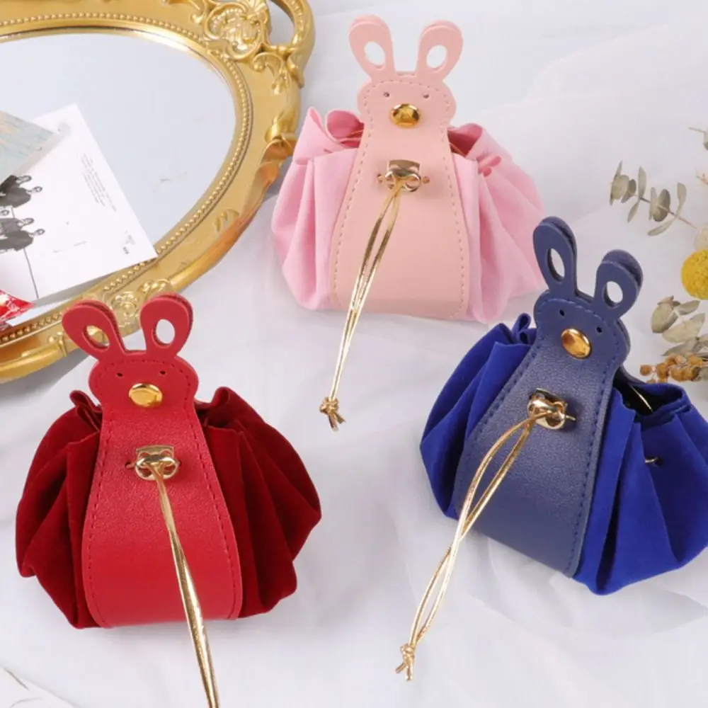 PU Leather Velvet Drawstring Bag Korean Style Storage Bag Cartoon Rabbit Ear Handbag Large Capacity New Year Festive Sugar Bag