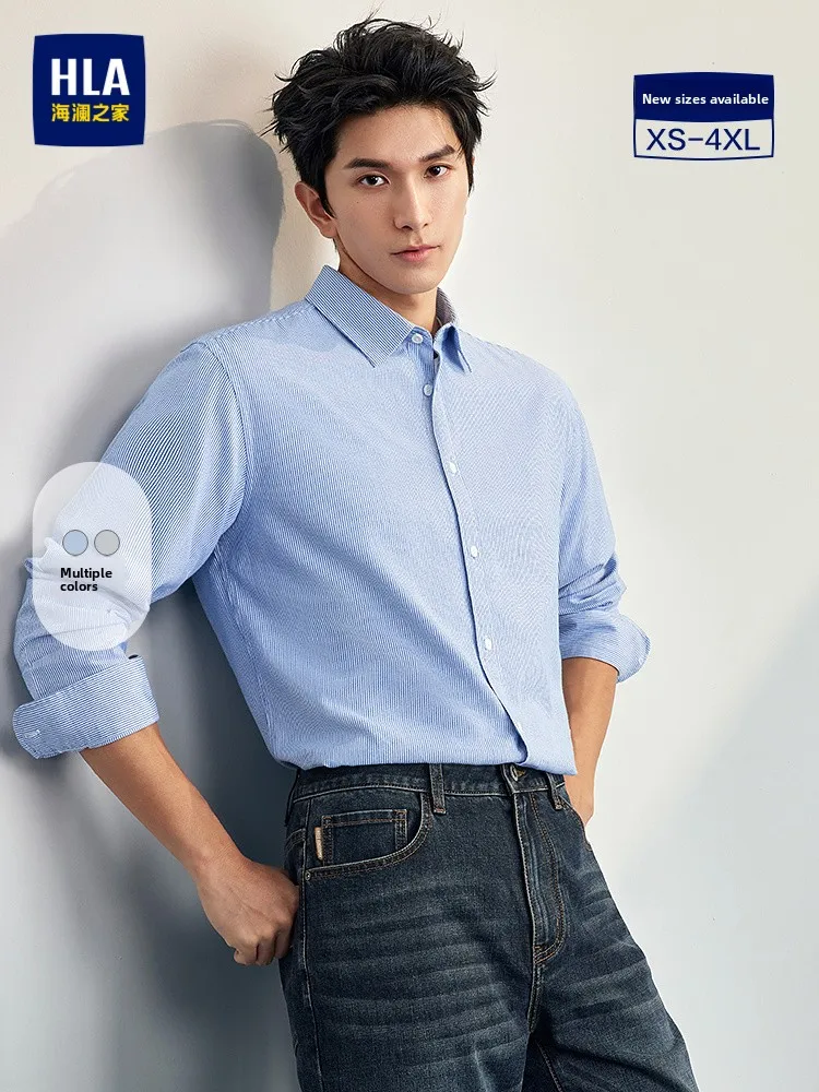 HLA Sea Home Light Business Long Sleeve Shirt Autumn New Woven Collar Color Block Stripes Commuting Shirt for Men Standard Fit