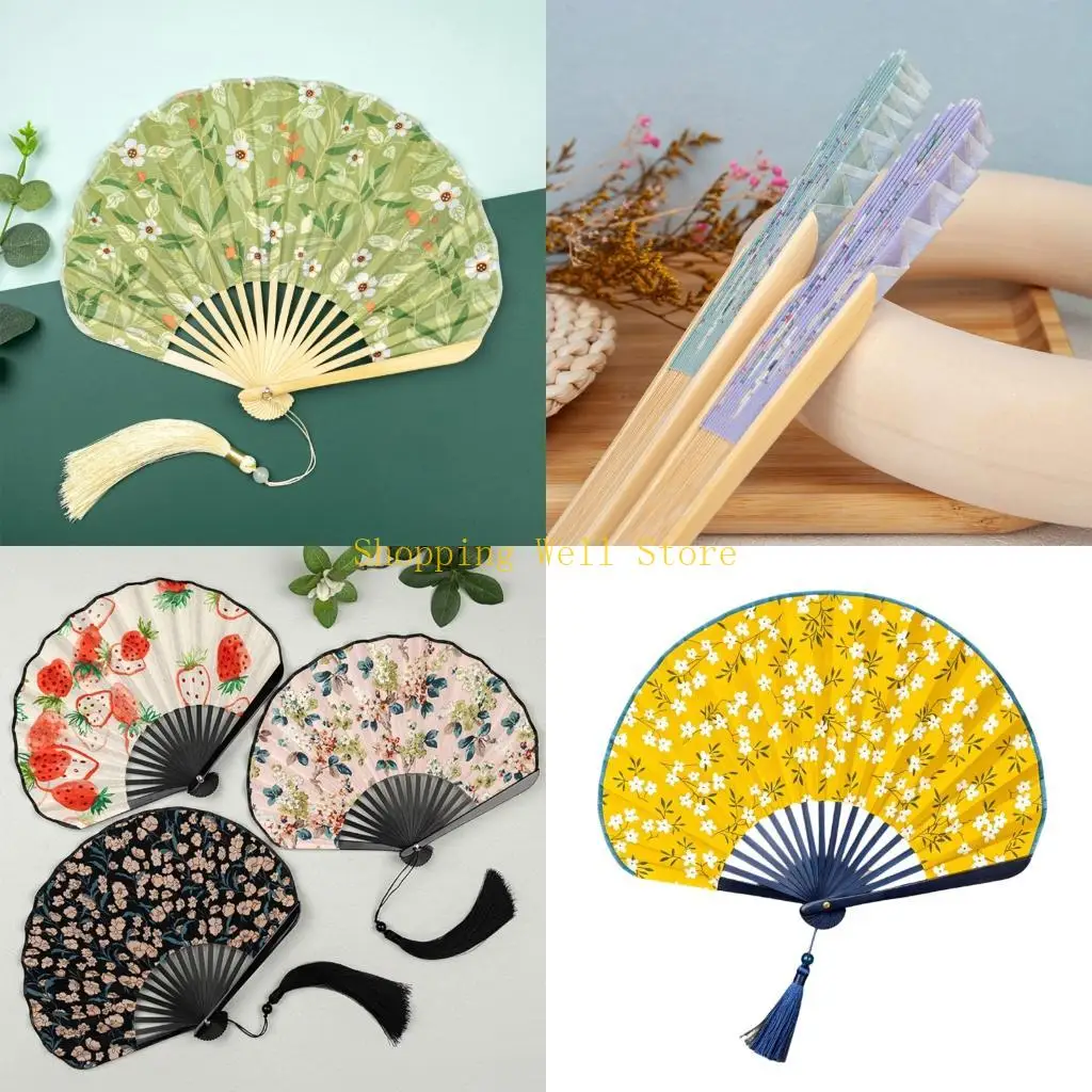 KX4B Mini Shell Fan Cotton Linen Cloth Chinese Folding Hand Fan Gentle