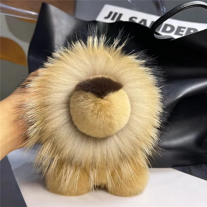 Cute Real Rex Rabbit Fur Simba Lion Bag Charm Car Key Charm Metal Ring Ornaments Kids Birthday Gift