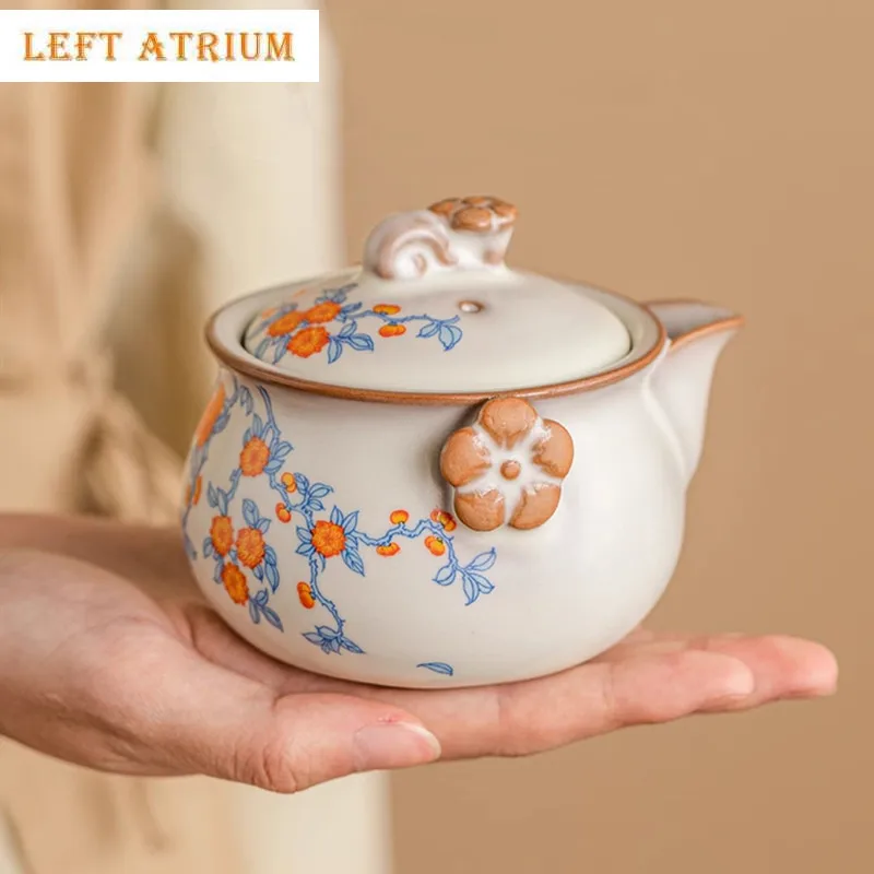

90ml Chinese Ru Kiln Ceramic Hand Grab Pot Handmade Flowers Pattern Teapot Beauty Tea Infuser Kettle Tea Pot Portable Tea Set