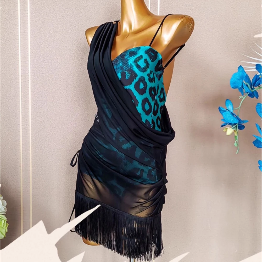 Сексуальное платье для латинских танцев Samba, женские брюки с кисточками, рубашка на бретельках, костюм для танго, леопардовое платье с открытой спиной, GB, тренировочное платье