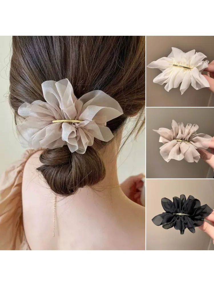 Grand printemps pinces à cheveux femmes métal mousseline de soie fleurs élastique pour queue de cheval épingle à cheveux Barrettes mode filles cheveux accessoires Hairgrip