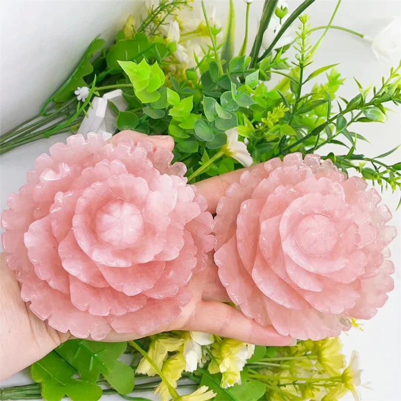 Natural Rose Quartz Flower Carving Peony Flower Energy Gem Reiki Healing Home Decoration Gift 1pcs 10CM